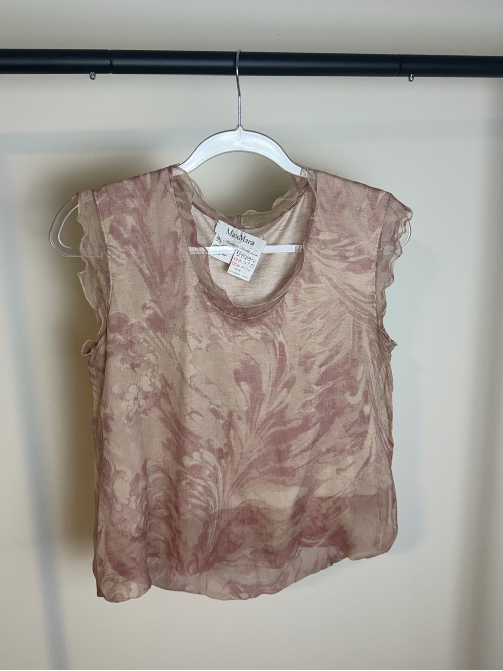 MaxMara Silk Pink and Cream Sheer Floral Cap-Sleeve Camisole
